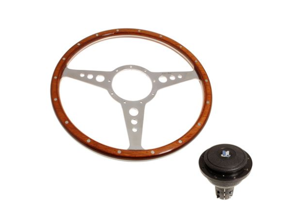 5-VOLANTE Y CENTRO-Moto-Lita-Madera-15"-Columna ajustable-Bocina original-Plano-Radios pulidos-Agarre grueso