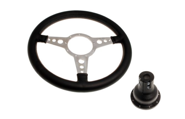 6-VOLANTE Y CENTRO-Moto-Lita-Cuero-14"-Columna ajustable-Plano-Radios pulidos